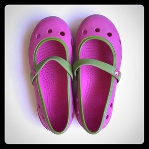 CROCS- pink and green, size 10